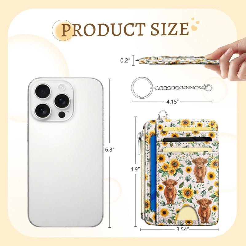 Kelvoris Highland Cow Sunflower Credit Card Holder Small Wallet Women, Slim RFID Blocking Wallet Woman Keychain with Zipper Coin Pocket, Front Pocket Thin Travel Card Case with ID Window Ladies Gifts - Image 5